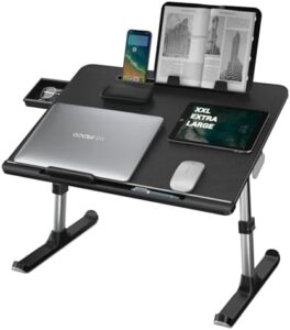 Elevate your workspace with the NEARPOW XXL Laptop Desk for Bed, featuring an adjustable computer tray and foldable design. Ideal for laptops and writing, with anti-slip faux leather and removable stopper.