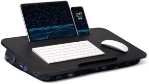 Elevate your workspace with the L.DOCTOR Lap Desk, a portable laptop stand & holder featuring washable cushion and built-in phone/mouse pad for gaming, eating, writing or working on bed, couch or floor.