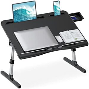 Elevate your reading and working experience with the HETTHI Adjustable Portable Bed Table, featuring foldable legs, storage drawer, and phone slot. Perfect for sofas, couches, or floors, ideal for writing, working, or eating.