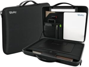 Elevate your workspace anywhere! The 12-in-1 Office Everywhere by Worky features a multifunctional briefcase workstation with storage, LED light, and dry erase whiteboard, all in a lightweight 2.8 lbs black design.