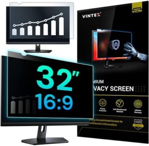 Protect your screen with VINTEZ's 32 Inch 16:9 privacy screen film, offering anti-glare and blue light filter protection for eye comfort. Perfect for computer monitor and laptop use, in a convenient 1-pack.