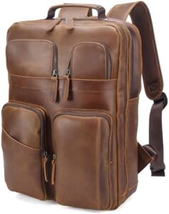Here is the optimized SEO meta description:

"Carry your laptop in style with the Polare 17.3 Inch Full Grain Leather Backpack, featuring multiple pockets for organized travel. Perfect for business trips and daily commutes."