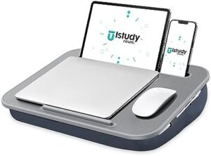 Elevate your productivity with ISTUDYNITURE's Portable Lap Desk featuring a cushioned surface, device ledge, and phone holder, perfect for laptops up to 15.6 inches.