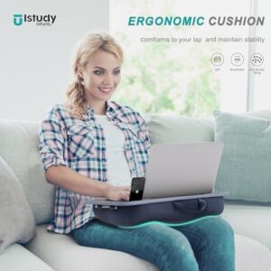 Elevate your productivity with ISTUDYNITURE's Portable Lap Desk featuring a cushioned surface, device ledge, and phone holder, perfect for laptops up to 15.6 inches.