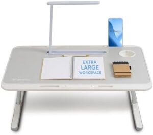 Here is the optimized meta description:

"Transform your workspace with the UltraFlex Premium Lap Desk, featuring a spacious X-Large workspace, adjustable height and tilt, storage drawer, reading light, and foldable design. Perfect for bed, couch or floor use."
