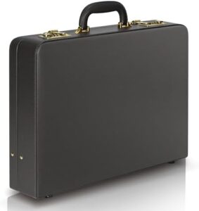Here is the optimized SEO meta description:

"Elevate your professional style with this men's leather briefcase featuring a lock and hard shell design. Perfect for work, travel or office use."