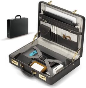 Here is the optimized SEO meta description:

"Elevate your professional style with this men's leather briefcase featuring a lock and hard shell design. Perfect for work, travel or office use."