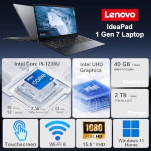 Explore the ultimate laptop experience with the IdeaPad 1i, featuring a 15.6" FHD touchscreen, powerful Intel Core i5 processor, and generous storage up to 2TB. Enjoy seamless multitasking with 40GB DDR4 RAM and latest Wi-Fi 6 connectivity.