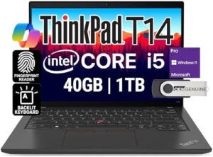 Here is the optimized SEO meta description:

"Upgrade your business productivity with the ThinkPad T14 Laptop featuring a 14-inch FHD+ IPS display, Intel Core i5 processor, 40GB RAM and 1TB SSD. Enjoy seamless collaboration with 2 Thunderbolt 4 ports and 5MP webcam."