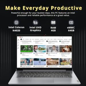 Upgrade your mobile productivity with the Ideapad 1i 14" laptop, featuring a Celeron N4020 processor, 4GB RAM, and 64GB storage. Perfect for daily tasks, with HD graphics, webcam, and stereo speakers.