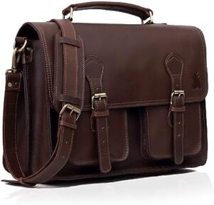 Here is the optimized meta description:

"Elevate your commute with this vintage-inspired leather messenger bag featuring a spacious interior for 15.6-inch laptops, dark brown finish and classic design, perfect for office or college use."