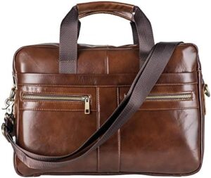 Here is the generated SEO meta description:

"Protect your laptop in style with this genuine leather briefcase messenger bag from POKOFO, featuring padded protection for 14-inch laptops. A perfect accessory for the modern man."