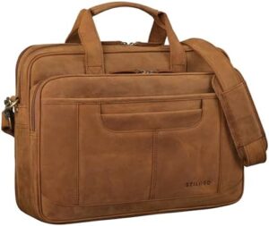 Protect your laptop with the Stilord 'Quest' Aktentasche, a high-quality leather laptop bag featuring vintage design and spacious interior for 15.6" devices. Perfect for business or uni life!