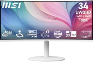 Enhance your productivity with the MSI Modern MD342CQPW curved monitor, featuring a 34" ultra-wide display, 3440x1440 WUQHD resolution, and adjustable height. Perfect for professionals, it offers multiple ports, speakers, and fast USB-C charging. Get yours now and enjoy great value!