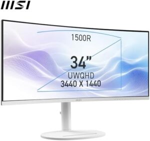 Enhance your productivity with the MSI Modern MD342CQPW curved monitor, featuring a 34" ultra-wide display, 3440x1440 WUQHD resolution, and adjustable height. Perfect for professionals, it offers multiple ports, speakers, and fast USB-C charging. Get yours now and enjoy great value!