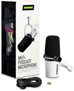 Capture crisp and clear audio with the Shure Motiv MV7+ Podcast Dual-Output Cardioid Dynamic Microphone, featuring dual XLR/USB outputs for seamless recording.