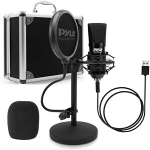 Record high-quality audio with the Pyle USB Microphone Kit, featuring a cardioid condenser mic, desktop stand, and pop filter. Ideal for gaming, streaming, podcasting, and YouTube creators.