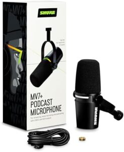 "Boost your podcasting game with the Shure Motiv MV7+ microphone, featuring dual output and cardioid dynamic design. Perfect for recording on-the-go, this USB/XLR combo is a must-have for audio enthusiasts."