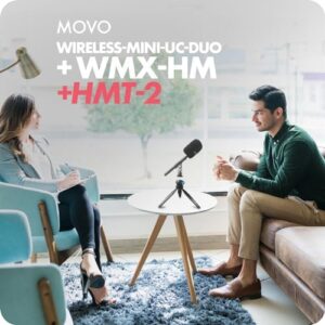 Here is the optimized SEO meta description:

"Boost your podcast's sound quality with Movo Wireless Mini UC-Duo USB-C wireless microphone. Perfect for iPhone 15/16, Android, PC, and MacBook users. Includes WMX-HM handle and desktop mic stand for easy recording."