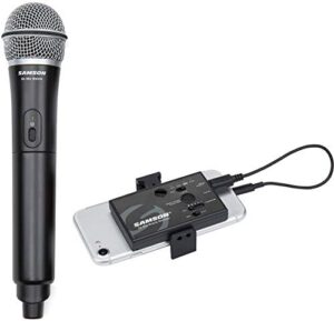 Capture studio-quality sound on-the-go with the Samson Go Mic Mobile, a compact and portable wireless system featuring a handheld microphone and receiver.
