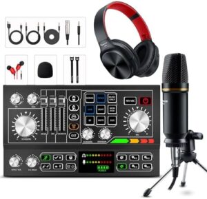 Here is the generated SEO meta description:

"Capture high-quality audio with this podcast equipment bundle featuring an aluminum alloy panel, studio condenser microphone, and DJ mixer. Perfect for streaming, recording, and DIY sound effects."