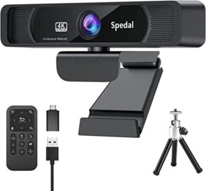 Experience crystal-clear 4K UHD video and reduced background noise with the Spedal webcam, featuring built-in AI noise reduction, dual microphones, and a 120° wide-angle zoom. Perfect for conferencing, streaming, or online teaching.