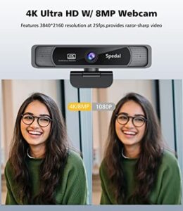 Experience crystal-clear 4K UHD video and reduced background noise with the Spedal webcam, featuring built-in AI noise reduction, dual microphones, and a 120° wide-angle zoom. Perfect for conferencing, streaming, or online teaching.