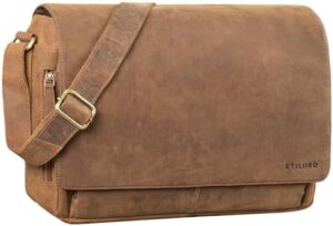 Here is the generated SEO meta description:

"Upgrade your work style with Stilord's vintage-inspired leather shoulder bag, perfect for 15-inch laptops and daily essentials. Genuine leather construction ensures durability and a timeless look."