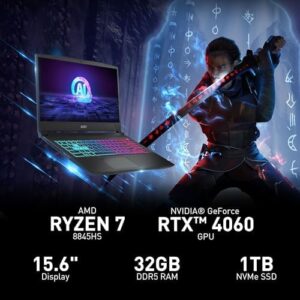 Experience lightning-fast gaming with the MSI Katana A15 AI laptop. Featuring Ryzen 7-8845HS, NVIDIA Geforce RTX 4060, and up to 32GB DDR5, perfect for intense gaming sessions.