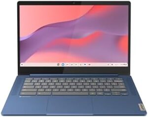 Enhance your mobile work with the Lenovo IdeaPad Slim 3 Chromebook, featuring Waves MaxxAudio speakers, 14" HD display and camera, 4GB memory, 64GB storage, and MediaTek Kompanio 520 processor. Abyss Blue, lightweight and perfect for everyday use.