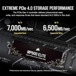 Here is the optimized SEO meta description:

"Boost your computer's performance with the Corrsair MP600 Elite 2TB SSD, offering up to 7,000MB/sec sequential read speeds and high-density 3D TLC NAND storage. Perfect for heavy-duty tasks."