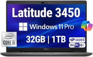 "Boost productivity with the Dell Latitude 3450, featuring Intel Core i5, 32GB RAM, 1TB NVMe storage and Wi-Fi 6E. Perfect for business use, with a compact 14-inch design and HD webcam."