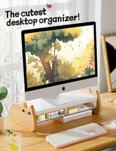 Here is the generated SEO meta description:

Elevate your workspace with the AFOOYO Monitor Stand Riser, featuring a wooden and MDF design, acrylic drawer, and storage for laptops, printers, TVs. Perfect for 15.7 inch screens, with a compact and cute cat-inspired design.