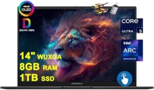 Here is the generated SEO meta description:

"Experience sleek performance with the ASUS Zenbook 14 OLED laptop, featuring a 14" WUXGA touchscreen, Intel Core i5 processor, 8GB RAM, and 1TB SSD. Enjoy stunning visuals and lightning-fast speeds."