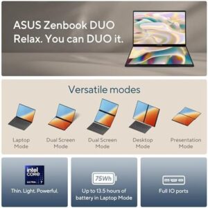 Here is the generated SEO meta description:

"Experience ultimate productivity with the ASUS Zenbook Duo Dual laptop, featuring a stunning 14-inch OLED touchscreen, Intel Core i7 processor, and ample storage. Perfect for multitasking, enjoy seamless performance."