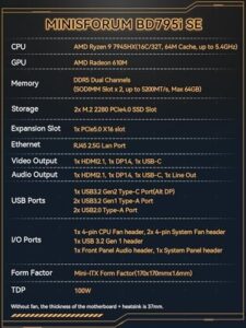 "Upgrade your PC setup with the MINISFORUM BD795i SE Barebone, featuring AMD Ryzen 9 7945HX and PCIe 5.0 x16 Slot, perfect for demanding applications."