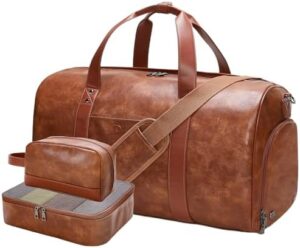 Large Overnight Duffle Bags for Men & Women. Faux leather, shoe compartment, toiletry packing cube and laptop fit. Travel-ready with 3 pieces: bag, shoulder strap, carry-on sleeve. Perfect fit for 21" laptops.