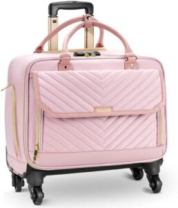 Discover the perfect travel companion - Arcoyard's rolling briefcase with 4 spinner wheels and telescopic handle. Ideal for women on-the-go, featuring TSA-friendly design, laptop space and stylish pink finish.