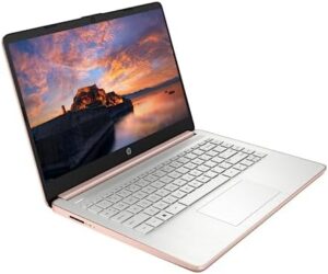 "Upgrade your college or business experience with this affordable HP laptop, featuring a 14'' HD display, Intel Celeron processor, 16GB RAM, and ample storage. Rose gold design and Windows 11 OS included."