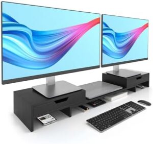 Elevate your workspace with the Epesoware Monitor Stand featuring 2 drawers and a bamboo dual monitor stand riser. Perfect for desk organization, no assembly required.