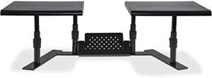 Elevate your workspace with the Allsop 31883 Metal Art ErgoTwin Height Individualy Adjustable Dual Monitor Stand, featuring a phone/tablet holder and adjustable height for up to 24 inch monitors.