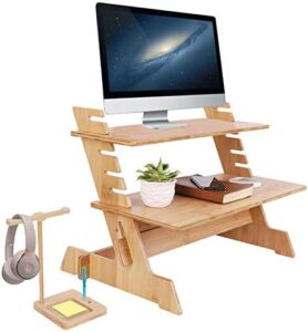 Elevate your workspace with the Wisfor Standing Monitor Stand, a bamboo desk converter featuring adjustable height and phone headset holder for ultimate flexibility.