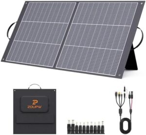 Here is the generated SEO meta description:

"Power your adventures with ZOUPW 100W Portable Solar Panel, a lightweight and waterproof charger for camping, RV, or blackout. Compact design, adjustable kickstands, and high-efficiency tech make it perfect for outdoor enthusiasts."