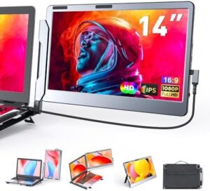 "Expand your workspace with the F2 Triple Portable Monitor Extender, featuring dual 14'' FHD IPS displays and aluminum alloy construction. Perfect for laptops and desktops, ideal for Windows, MAC, Chrome, and Linux users."