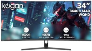 "Experience immersive gaming with the Kogan Infinity 34" Curved Ultrawide WQHD 165Hz monitor, featuring 3440 x 1440 resolution and 1ms response time. Get ready to dominate your games with precise visuals."
