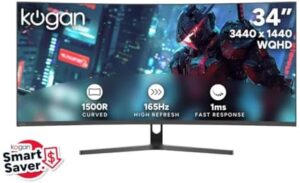 "Experience immersive gaming with the Kogan Infinity 34" Curved Ultrawide WQHD 165Hz monitor, featuring 3440 x 1440 resolution and 1ms response time. Get ready to dominate your games with precise visuals."