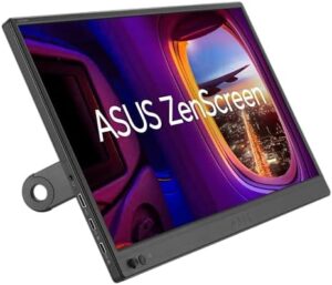Discover a portable monitor with Full HD IPS display and dual USB Type-C ports. Perfect for working on-the-go, this ASUS ZenScreen MB169CK features a 16-inch screen, flicker-free design, and blue light filter.