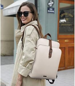 Here is the meta description:

"Elegantly designed laptop backpack with genuine leather exterior, perfect for women's travel, work or business. Compact and stylish 15.6 in bag features multiple compartments and vintage charm."