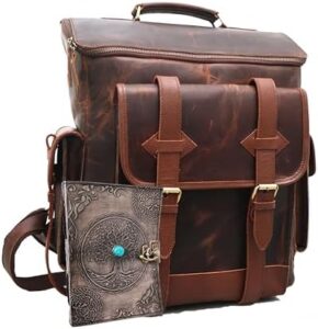 Elevate your travels with the Thar Artefacts Handmade Leather Backpack, featuring 16 inches of vintage-inspired space. Perfect for men and women alike, this dark brown rucksack is ideal for hiking and trekking adventures.