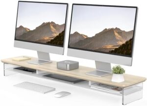Here is the optimized SEO meta description:

"Elevate your workspace with the Fenge Acrylic Monitor Stand Riser, featuring dual monitor capacity and metal storage for 42.5-inch screens. Perfect for desks, laptops, printers, or TVs - up to 50% off with select coupons"